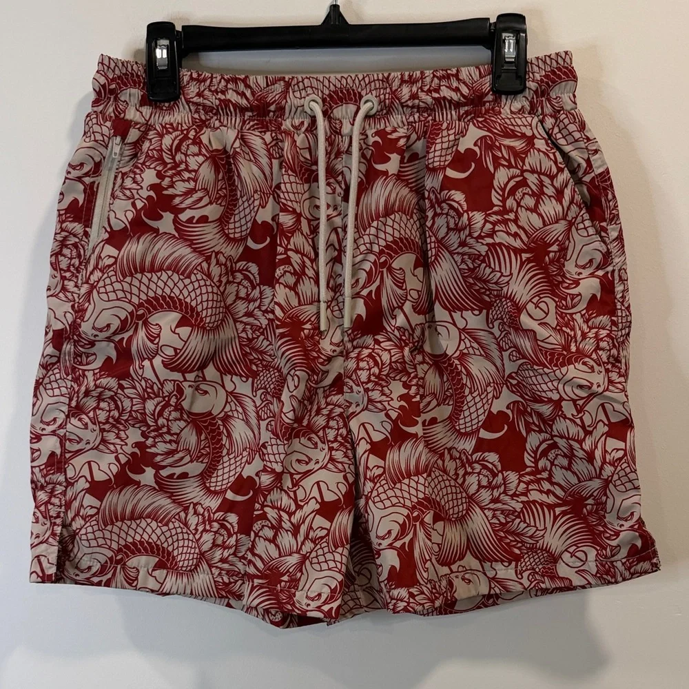 Red Koi-Print Flat Front Men's Shorts with Drawstring - Picture 1 of 5